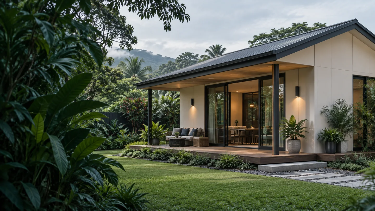Rumah tropika dengan beranda dan taman